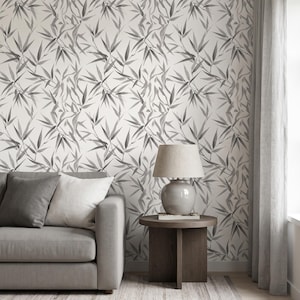 Gray Bamboo Leaf Wallpaper - Japanese Ink Wash Pattern, Peel & Stick Option