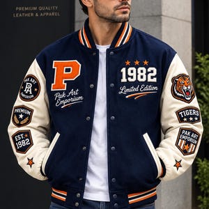 Tiger Varsity Jacket, Custom Embroidered Letterman Bomber, Personalized Patch Jacket, Unisex Streetwear