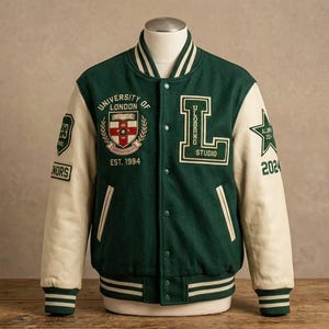 Puede incluir: Una chaqueta universitaria verde oscuro con mangas color crema, que presenta el escudo de la Universidad de Londres, el texto 'EST. 1994', una letra 'L' grande con 'STUDIO' debajo, un parche de estrella 'ALUMNI 2024' y ribetes a rayas.
