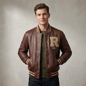Leather Varsity Jacket, Brown Genuine Bomber with Chenille Letter Patch