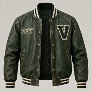 May include: A dark green varsity jacket with a distressed leather-like texture, featuring a large letter V patch on the left chest and the text Vintage EST. 1987 on the right. It has a black quilted interior, snap buttons, and striped ribbed trim.