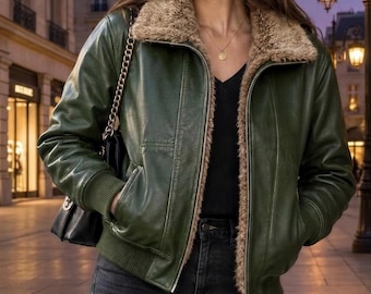 Giacca in pelle verde con fodera in montone, bomber marrone foderato in pelliccia sintetica, cappotto da aviatore vintage, capospalla invernale verde foresta