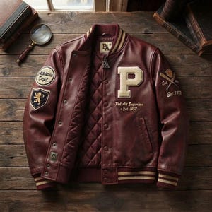 Puede incluir: Una chaqueta universitaria de cuero color burdeos con interior acolchado, una letra P grande de color crema en el pecho y parches bordados que incluyen un escudo de león y equipo de béisbol. La chaqueta tiene botones a presión y puños a rayas.