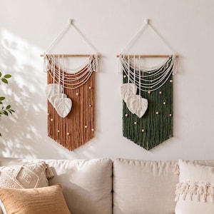 Boho Macrame Wall Hanging with Leaves, Large Woven Tapestry, Bohemian Bedroom Decor,Gifts For Her