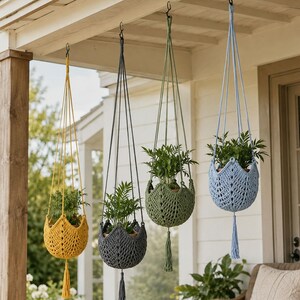 Può includere: Quattro portapiante sospesi realizzati in filato lavorato all'uncinetto nei colori giallo, grigio scuro, verde salvia e azzurro. Ogni supporto presenta un motivo traforato decorativo, una lunga nappa sul fondo e corde per la sospensione.