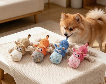 Squeaky Crochet Cow Toy, Soft Plush Dog Toy with Cartoon Eyes