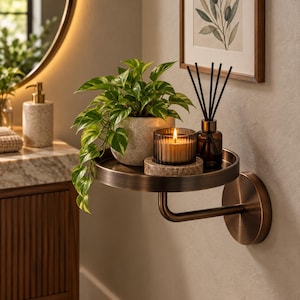 Könnte beinhalten: Ein rundes, an der Wand montiertes Regal aus Bronze mit einer grün-weiß panaschierten Efeutute im Topf, einer brennenden Kerze in einem gerippten Glas auf einem Steinuntersetzer und einem braunen Glas-Raumduftdiffusor mit schwarzen Stäbchen.