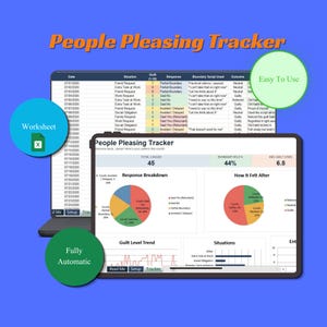 Puede incluir: Una hoja de cálculo digital People Pleasing Tracker mostrada en la pantalla de una computadora portátil y una tableta. La interfaz presenta tablas de datos, gráficos circulares y gráficos de tendencias que muestran desgloses de respuestas y niveles de culpa.