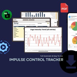 May include: An Impulse Control Tracker digital tool featuring a line graph titled Urge Intensity Trend, a setup screen with trigger lists, and pie charts on a mobile interface. Includes XLS and PDF icons, a play button, and a download arrow icon.