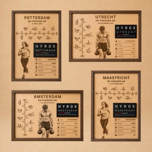 Peut inclure: Quatre plaques encadrées en bois affichant les détails des finisseurs Hyrox pour Rotterdam, Utrecht, Amsterdam et Maastricht. Chaque plaque présente une chronologie de course gravée au laser, un écusson Hyrox noir et des statistiques athlétiques.