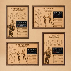 May include: Four framed Hyrox finisher posters for Rotterdam, Maastricht, Amsterdam, and Utrecht. Each poster features a race course timeline, athlete photography, and a black plaque with the city name, race date, and personal performance statistics.