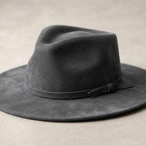 May include: A charcoal gray fedora hat with a wide, flat brim and a pinched crown. The hat features a matching thin, dark gray band wrapped around the base of the crown, finished with a small, simple knot detail on the side of the hat.