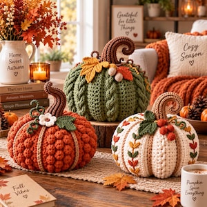 Patrón PDF de trío de calabazas de ganchillo: decoración otoñal texturizada con puntos, trenzas y bordados.