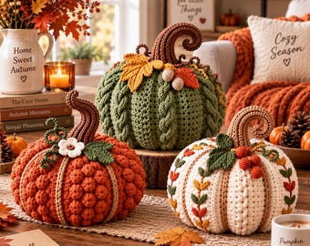 Crochet Pumpkin Trio Pattern PDF: Textured Fall Decor with Bobbles, Cables & Embroidery