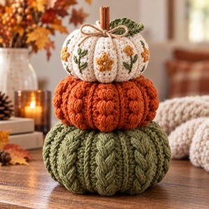 May include: A stacked decorative pumpkin set featuring three crocheted pumpkins. The top is cream with embroidered orange flowers, the middle is burnt orange with a bobble texture, and the bottom is olive green with a cable knit pattern.