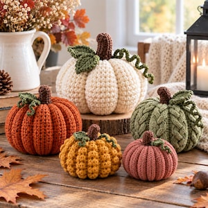 May include: A collection of five crocheted pumpkins in various sizes and colours, including cream, orange, yellow, sage green, and dusty rose. Each pumpkin features a brown stem, green crocheted leaves, and a curly green vine accent.
