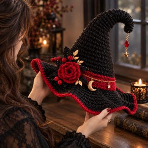 May include: A black crocheted pointed hat featuring a red crocheted rose, gold-toned leaf accents, and a red band. A gold chain adorns the hat with a crescent moon and star charm, while a red crystal and star charm hang from the pointed tip.