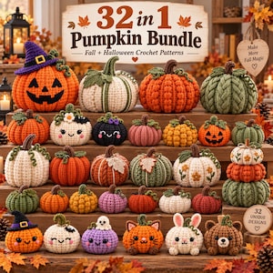 Puede incluir: Una colección de 32 calabazas y figuras de animales tejidas a ganchillo en varios colores, texturas y tamaños. El conjunto incluye un cartel que dice 32 in 1 Pumpkin Bundle Fall + Halloween Crochet Patterns y una etiqueta de madera.