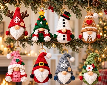 May include: A set of eight crocheted gnome ornaments hanging from a branch. Each gnome features a unique hat design, including reindeer antlers, a Christmas tree, a snowman, a gingerbread pattern, holly, Santa, a snowflake, and floral accents.