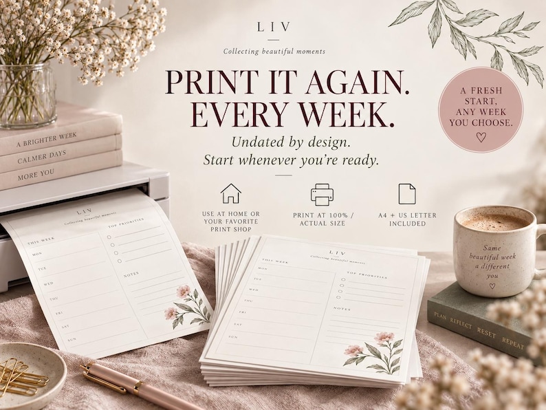 Reflection Planner Weekly Printable Planner With Reflection Page | Undated A4 & US Letter ...