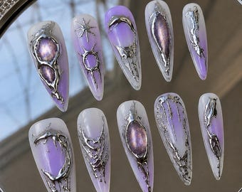 Violet Eclipse 3D Press On Nails | Handmade Long Stiletto Chrome Nails