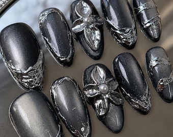 Midnight Bloom 3D Press On Nails | Handmade Black Almond Chrome Nails