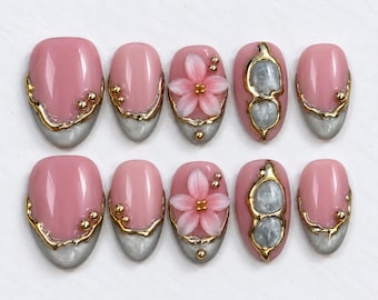 Golden Bloom 3D Press On Nails | Handmade Pink Almond Floral Nails