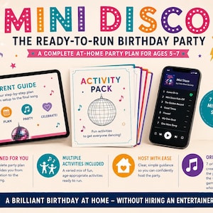 Może przedstawiać: Zestaw urodzinowy Mini Disco zawierający tablet z przewodnikiem dla rodziców, drukowany pakiet aktywności z ilustracją kuli dyskotekowej oraz smartfon z listą odtwarzania. Zawiera tekst dotyczący planów imprezowych dla dzieci w wieku 5-7 lat.