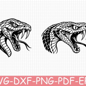 Puede incluir: Dos ilustraciones gráficas en blanco y negro de una cabeza de serpiente con la boca abierta, colmillos visibles y una lengua que sobresale. Los diseños presentan patrones de escamas detallados y rasgos faciales agresivos sobre un fondo de cuadrícula.