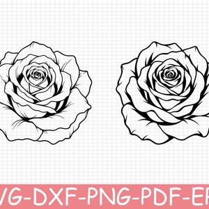 May include: Two black and white line art illustrations of blooming roses with detailed petals. The graphic design features bold outlines on a grid background. Below the roses, the text reads SVG-DXF-PNG-PDF-EPS in white letters.