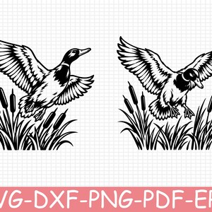May include: A black and white graphic illustration featuring two mallard ducks in flight over a cluster of cattails. The ducks are depicted with wings spread wide, and the text SVG-DXF-PNG-PDF-EPS is displayed at the bottom of the image.