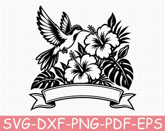 Hummingbird Hibiscus Emblem Silhouette, Svg, Dxf, Png