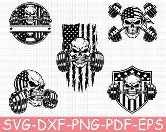 Patriotic SKull Barbell Silhouette, Svg, Dxf, Png