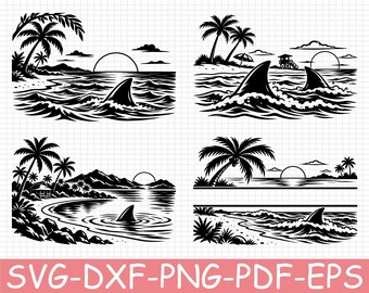 Sharks Beach Silhouette, Svg, Dxf, Png