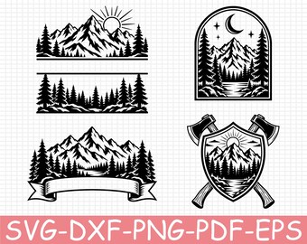 Mountain Forest Scene Silhouette, Svg, Dxf, Png
