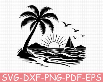 Tropical Sunset Silhouette, Svg, Dxf, Png