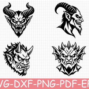 Può includere: Un set di quattro illustrazioni grafiche in bianco e nero raffiguranti teste di demoni e mostri stilizzate con corna, denti affilati e tratti del viso espressivi. In basso nell'immagine è presente il testo SVG-DXF-PNG-PDF-EPS.
