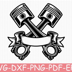 Puede incluir: Una ilustración gráfica en blanco y negro que presenta dos pistones de motor cruzados colocados detrás de una cinta o estandarte curvo y vacío. El diseño utiliza líneas marcadas y un alto contraste para representar los componentes.