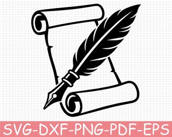Scroll and Quill Silhouette, Svg, Dxf, Png