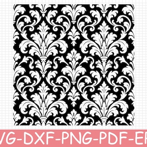 May include: A repeating damask pattern featuring white symmetrical floral and scroll motifs set against a solid black background. The design consists of intricate, stylized leaf and vine elements arranged in a continuous, balanced grid layout.
