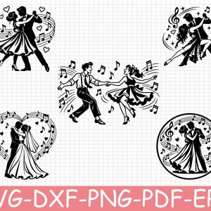 Op de afbeelding: Een verzameling van vijf zwart-wit illustraties met dansende paren in verschillende stijlen, omringd door muzieknoten en hartvormen. De tekst onderaan luidt SVG-DXF-PNG-PDF-EPS. Deze grafische ontwerpen tonen dynamische bewegingen.