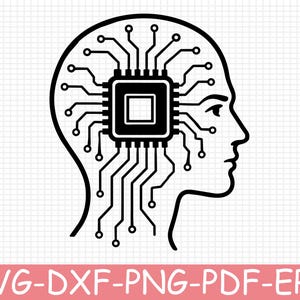 Könnte beinhalten: Eine schwarz-weiße digitale Grafik, die das Profil eines menschlichen Kopfes zeigt. Ein quadratischer Computerprozessor-Chip befindet sich in der Mitte, wobei Leiterplattenlinien bis zu den Rändern der Kopfform nach außen verlaufen.
