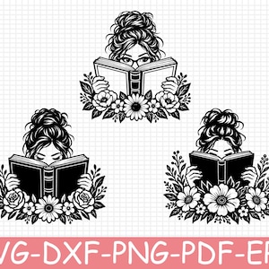 May include: Three black and white digital illustrations of a person with a messy bun hairstyle reading a book, surrounded by floral arrangements. The text SVG-DXF-PNG-PDF-EPS is printed in white on a pink rectangular bar at the bottom of the image.