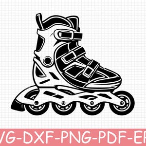 Könnte beinhalten: Eine schwarz-weiße grafische Illustration eines Inline-Skates mit einem hohen Stiefel, zwei verstellbaren Schnallenriemen, einem starren Rahmen und vier Rollen. Der Text SVG-DXF-PNG-PDF-EPS steht am unteren Bildrand.