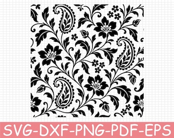 Seamless Botanical Paisley Pattern Silhouette, Svg, Dxf, Png