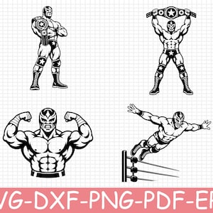 May include: A collection of four black and white graphic illustrations featuring masked wrestlers in various poses, including standing with a championship belt, holding a belt overhead, flexing muscles, and leaping from a wrestling ring corner.