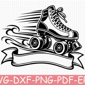 May include: A black and white graphic illustration of a roller skate with motion lines indicating speed, positioned above a blank, curved ribbon banner. The design features high-contrast shading and detailed laces on the boot.
