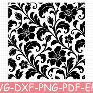 May include: A black and white digital graphic featuring a repeating damask pattern of stylized flowers, swirling leaves, and buds. The design is presented on a grid background with the text SVG-DXF-PNG-PDF-EPS displayed in white on a pink bar.