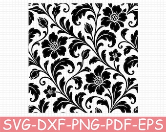 Seamless Monochrome Floral Tooling Tile Silhouette, Svg, Dxf, Png