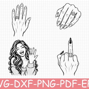 May include: A collection of four black and white line art illustrations featuring hands wearing rings, including a hand with a round-cut ring, a hand with a solitaire ring, a laughing person showing a ring, and a hand displaying a middle finger ring.